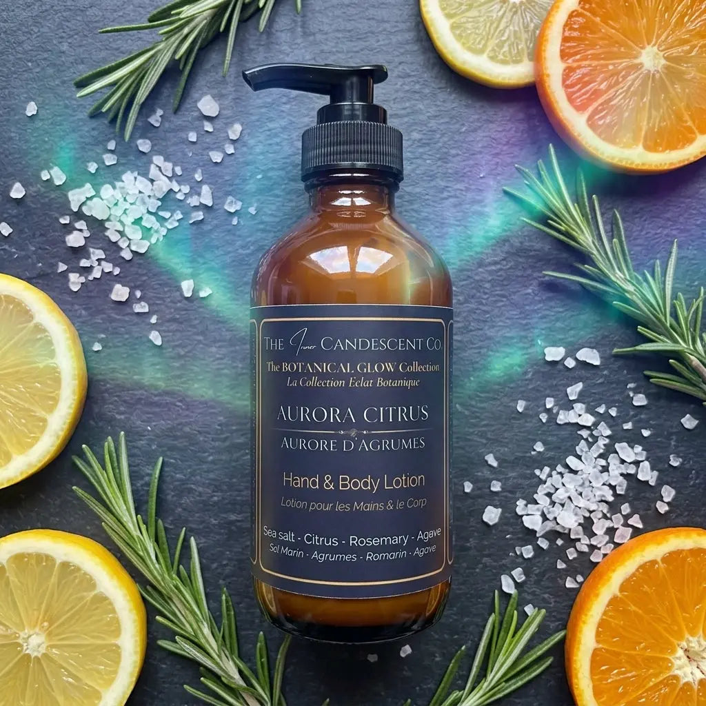 Bright citrus hand and body lotion in a sleek container from The InnerCandescent Co's Aurora Citrus collection.
