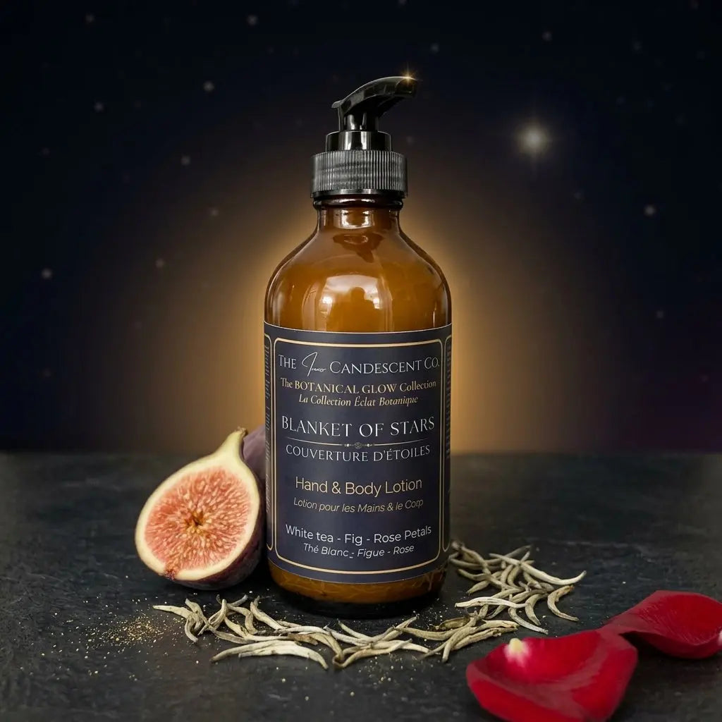 Luxurious White Tea, Fig, and Rose Hand and Body Lotion from The InnerCandescent Co with a starry blanket-inspired design.