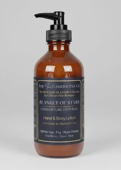White tea, fig, and rose scented hand and body lotion from The InnerCandescent Co with a star-themed packaging design.