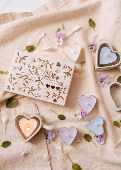 Set of blush heart-shaped tealight candles from Mimi & August, perfect for summer candle decor.