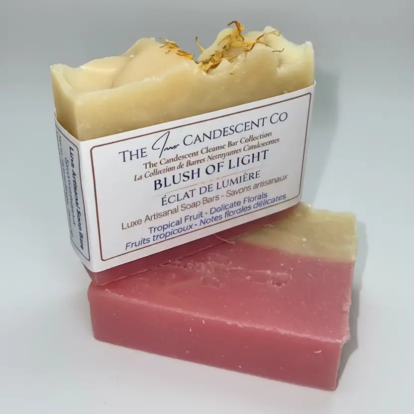Handmade pink guava soap bar from The InnerCandescent Co, featuring a vibrant blush of light color and tropical scent.