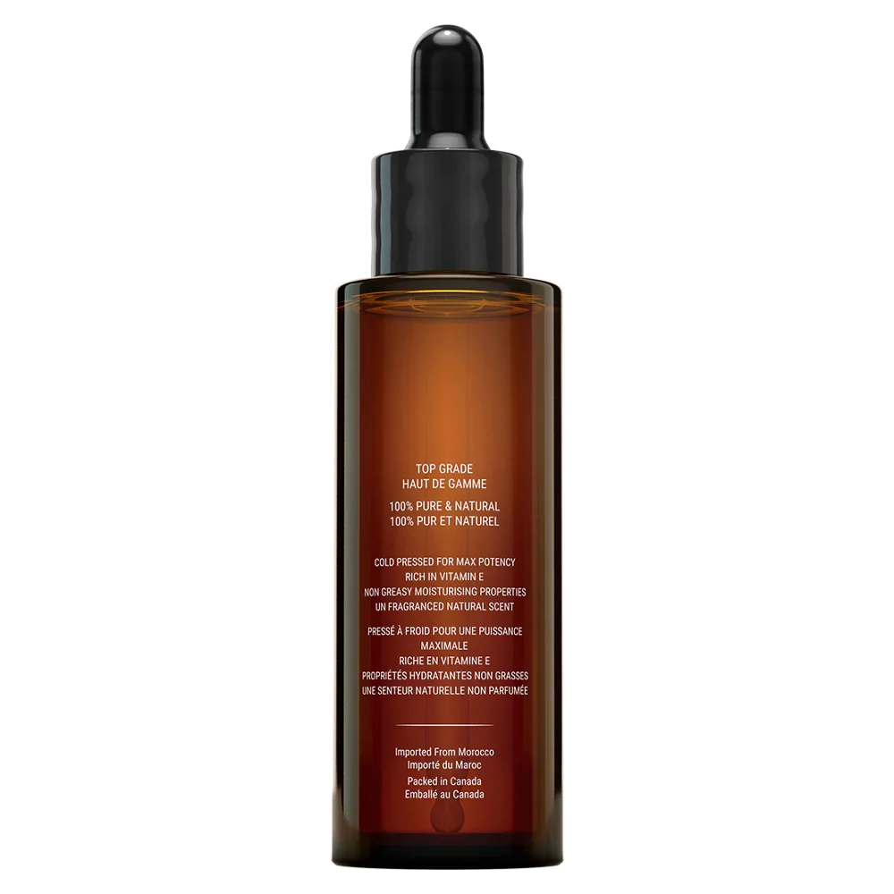 Canadian Grace Wellness organic 100% argan oil in 60ml bottle, shown from the back, ideal for dry skin and frizz-prone hair.