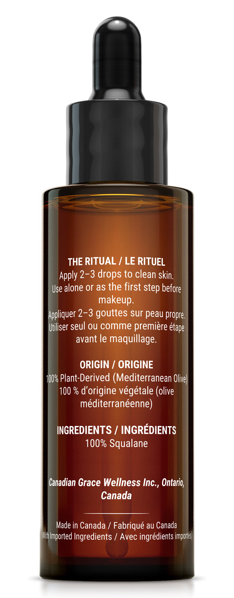 Canadian Grace Mediterranean Squalane Oil 60ml bottle shown from the back, highlighting the label and sleek packaging.