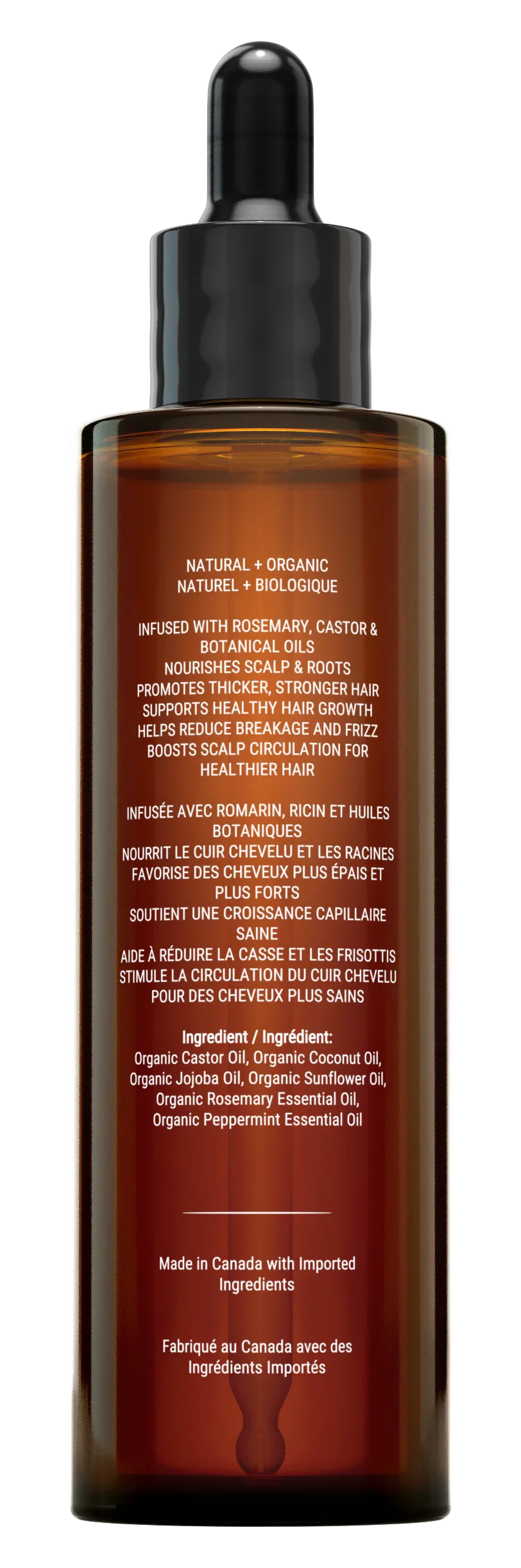 Back view of Canadian Grace Rosemary and Castor Hair Oil bottle showing the label and product details.