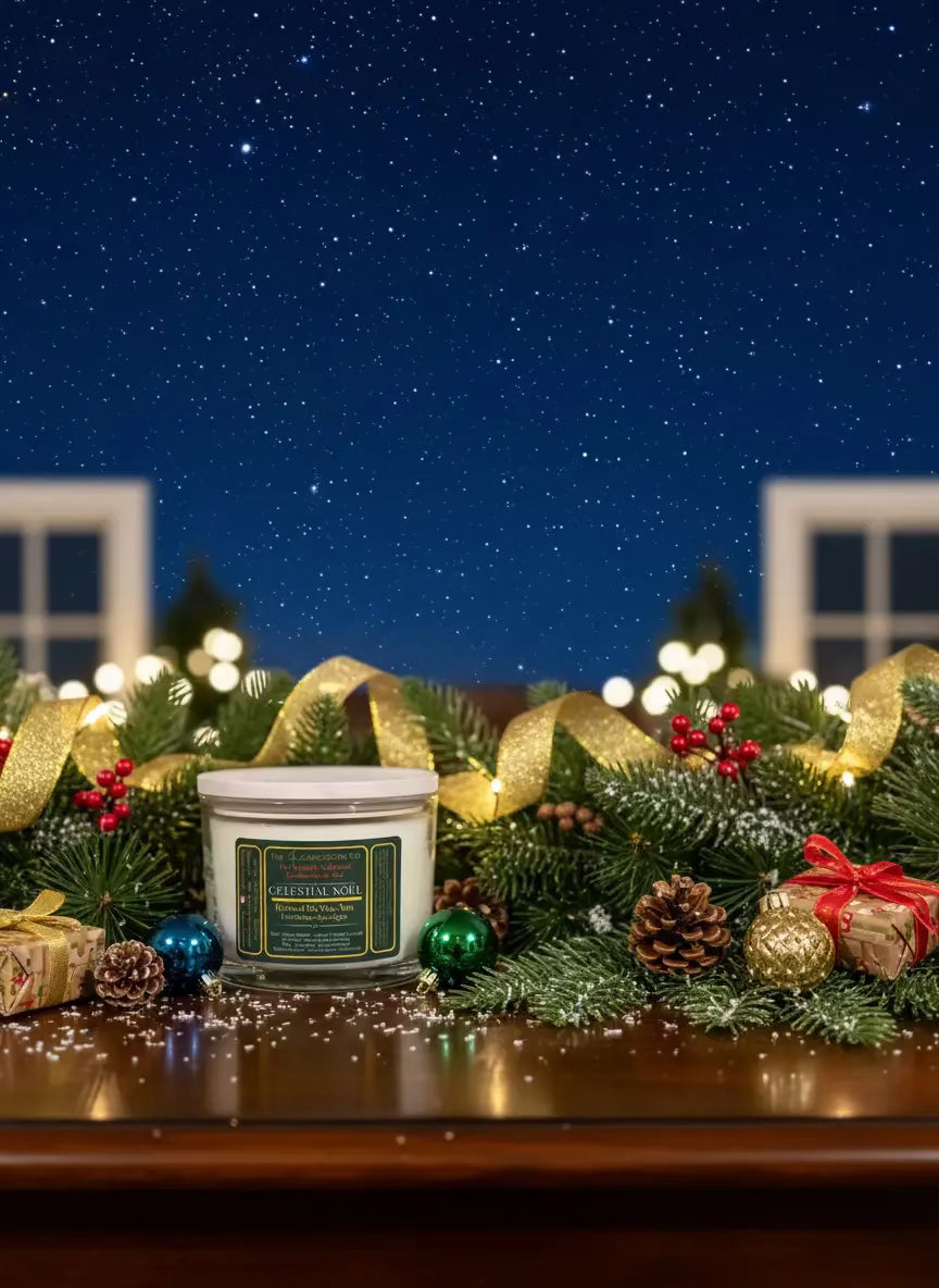 Sacred floral Christmas luxury candle by The InnerCandescent Co with coconut and apricot wax, featuring festive floral design.