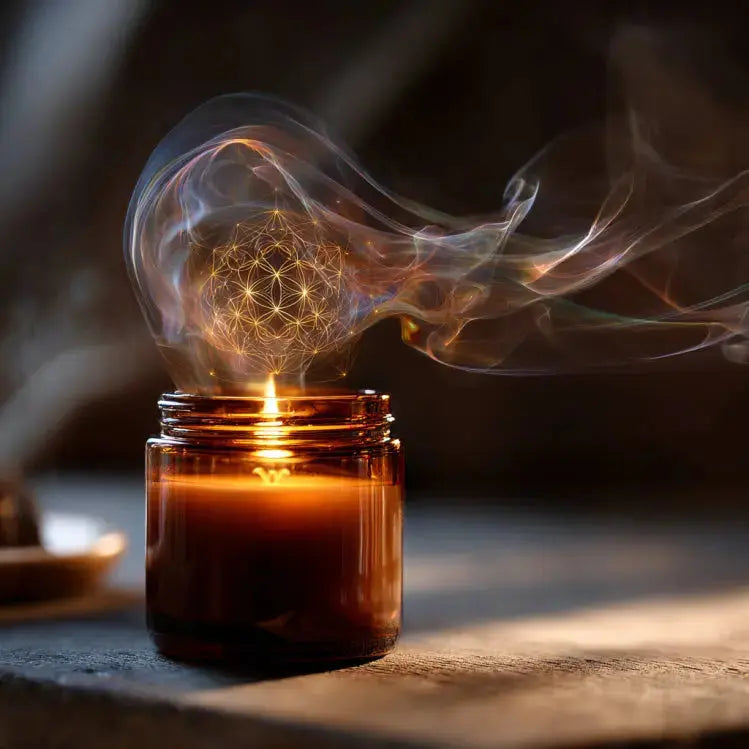 Whisper Air Element candle by The InnerCandescent Co featuring sacred geometry design, with fresh coconut and apricot wax for a luxurious ambiance.