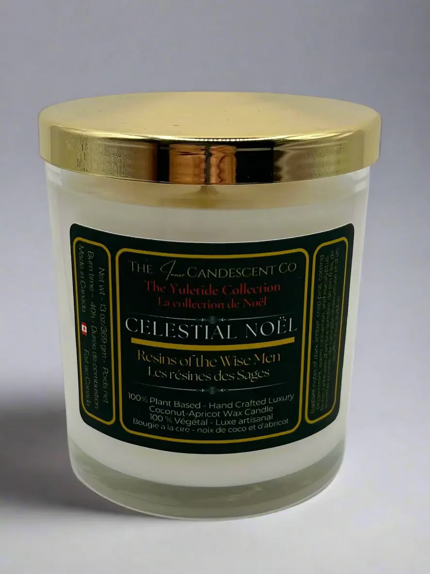 Sacred floral Christmas candle by The InnerCandescent Co with coconut apricot wax, featuring celestial Noel festive design.
