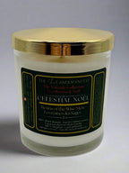 Sacred floral Christmas candle by The InnerCandescent Co with coconut apricot wax, featuring celestial Noel festive design.