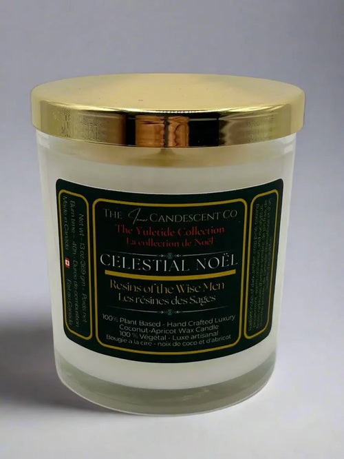 Sacred floral Christmas candle by The InnerCandescent Co with coconut apricot wax, featuring celestial Noel festive design.