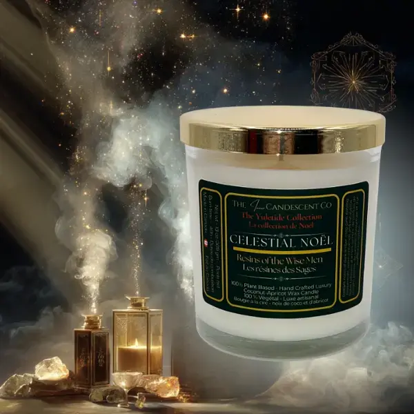 Sacred floral Christmas candle by The InnerCandescent Co with coconut apricot wax and celestial-inspired design.