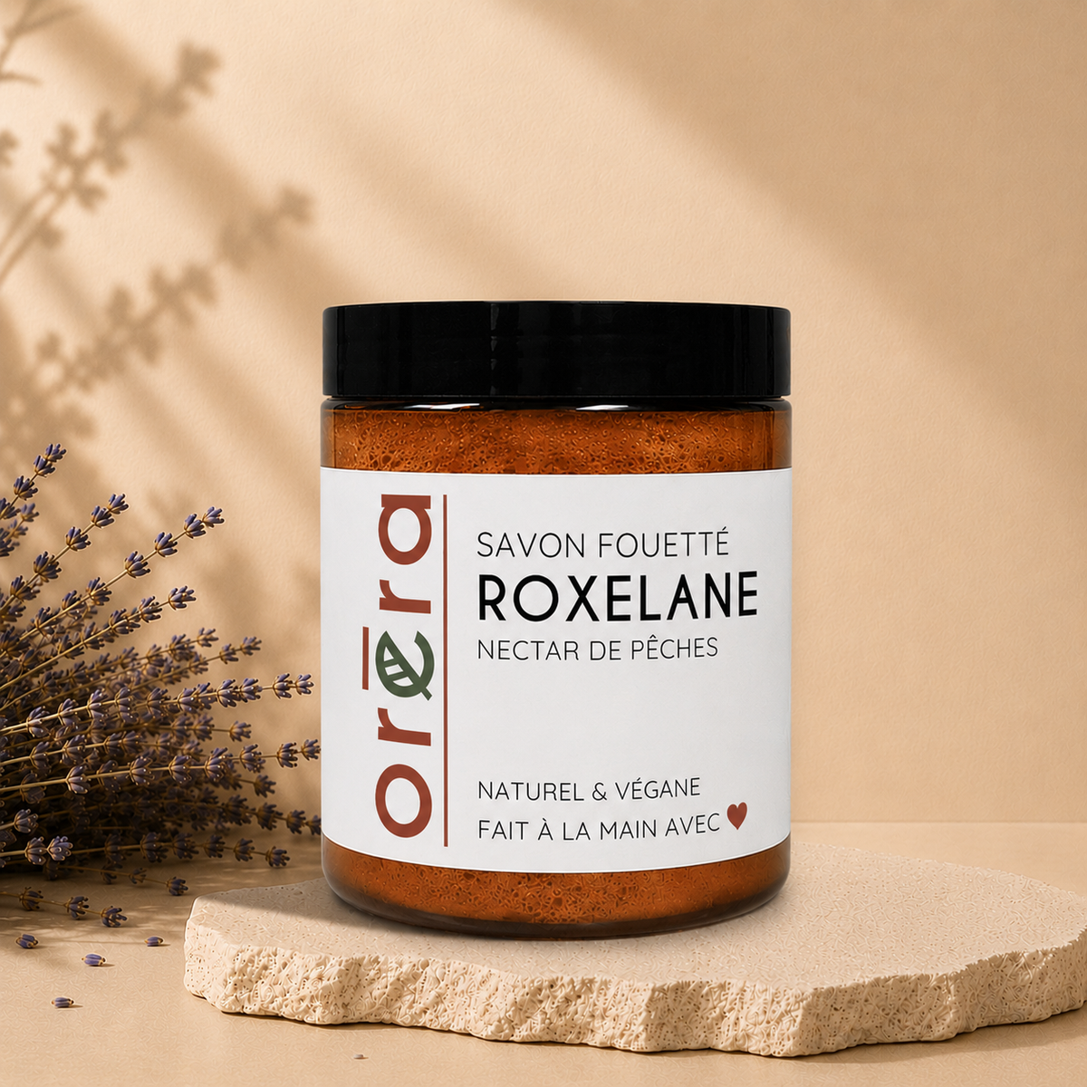 Savon fouetté ROXELANE nectarine peche, natural body care by La Sultana Savonnerie, handcrafted in Québec, with peach scent and whipped texture.