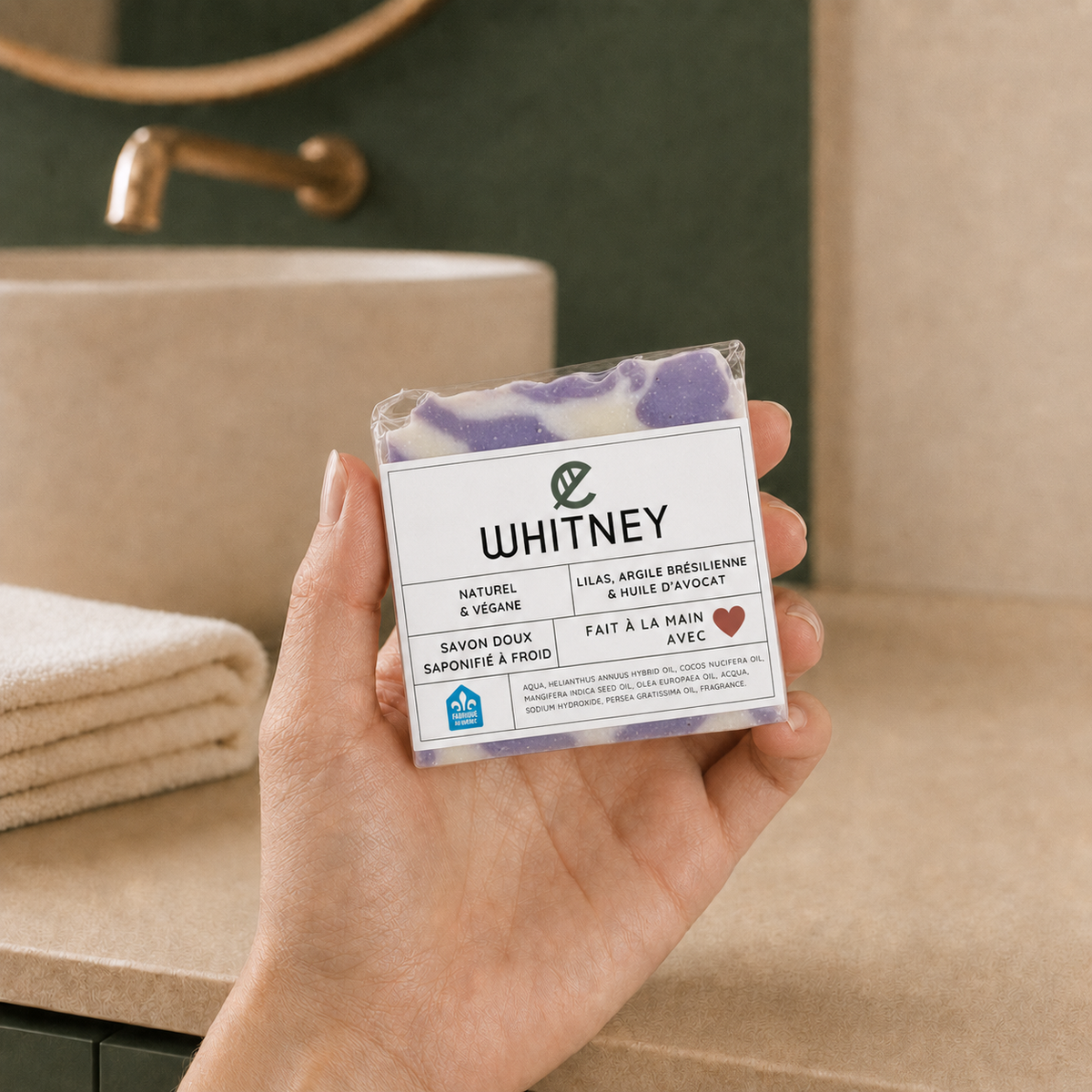 Handmade La Sultana natural clay soap with Brazilian clay, avocado oil, and lilac, showcasing the soap's smooth, fragrant surface.