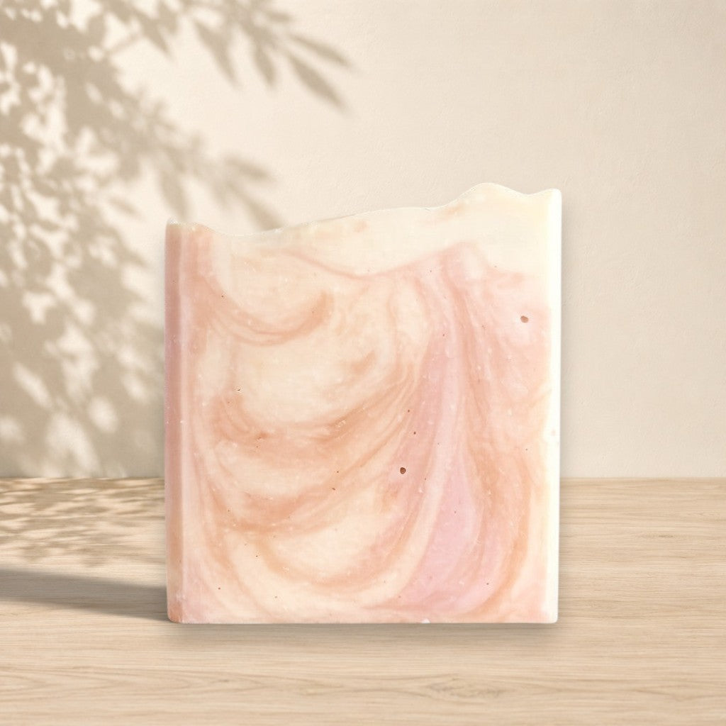 Handmade coconut milk soap with peach nectar scent from La Sultana Savonnerie, featuring a natural, creamy soap bar.