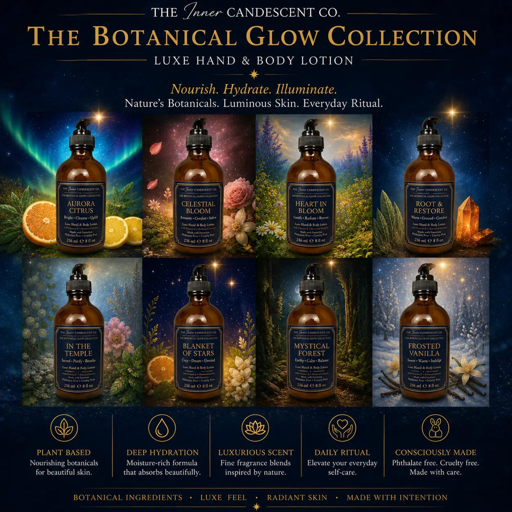 White tea, fig, and rose hand and body lotion from The InnerCandescent Co in a luxurious bottle with star-themed packaging.