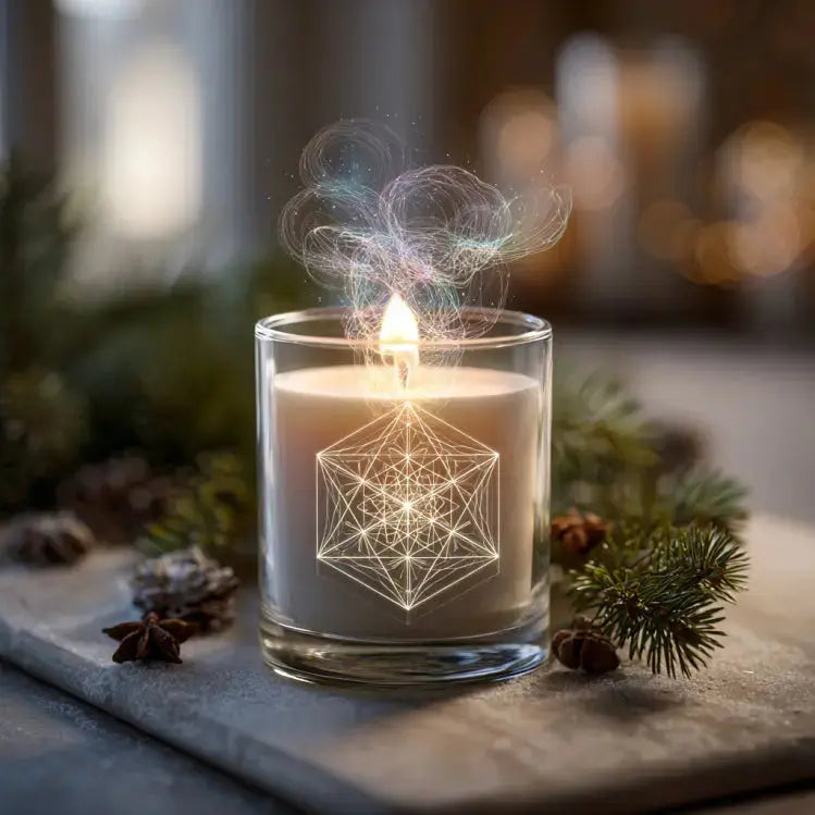 Sacred floral Christmas candle by The InnerCandescent Co with sacred geometry design on a festive background.