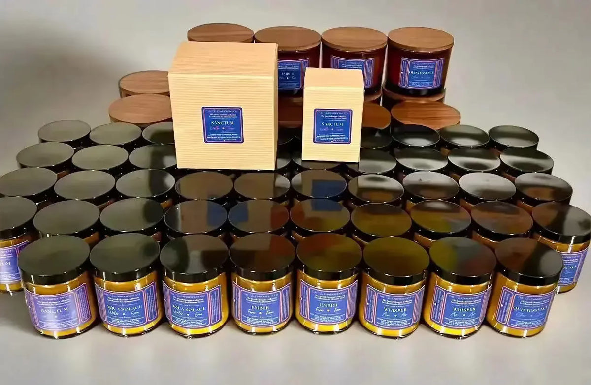 Collection of The InnerCandescent Co QUINTESSENCE Ether Element candles in various sizes, featuring luminous coconut apricot wax.