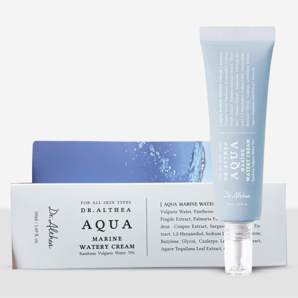 Lakinza Dr.Althea Aqua Marine Watery Cream 50ml jar with blue and white packaging, showcasing the hydrating cream inside.
