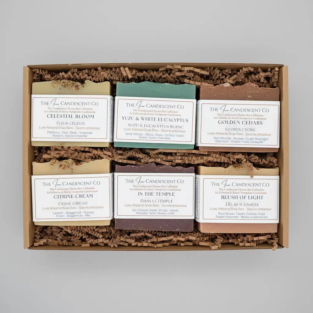 Golden Cedar Warm Cedar Handmade Soap Bar by The InnerCandescent Co, shown face up with a golden-toned, textured soap surface.