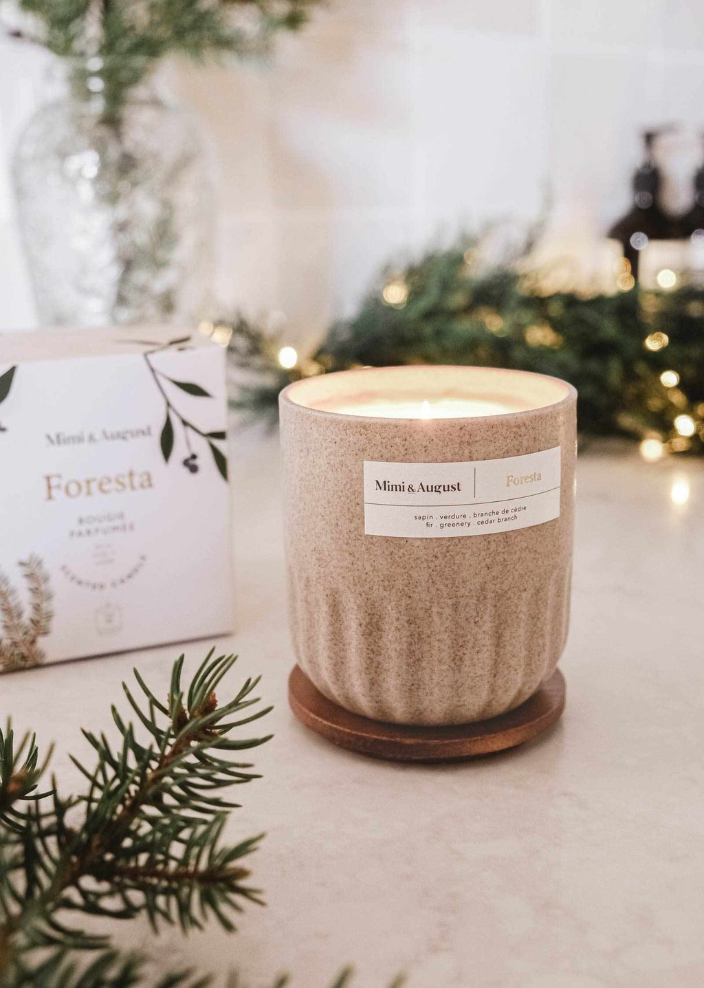 Foresta reusable candle by Mimi & August with a natural wooden wick and eco-friendly design, ideal for sustainable home decor.