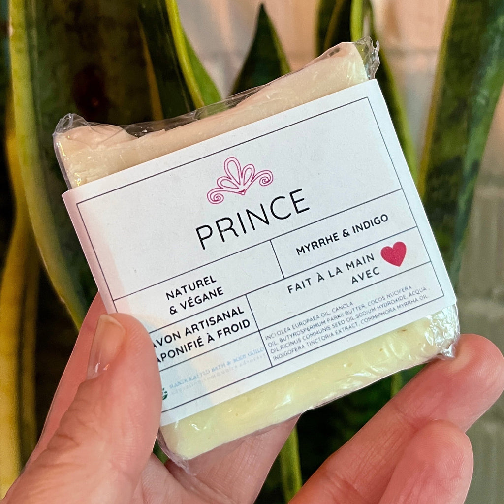 Handmade Prince Indigo and Myrrh soap by La Sultana Savonnerie, showcasing a natural, rectangular soap bar with a rich, deep blue color.