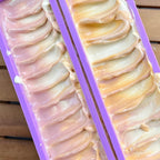 Handmade coconut milk soap with peach nectar from La Sultana Savonnerie, featuring a creamy soap bar with peach and coconut scent.