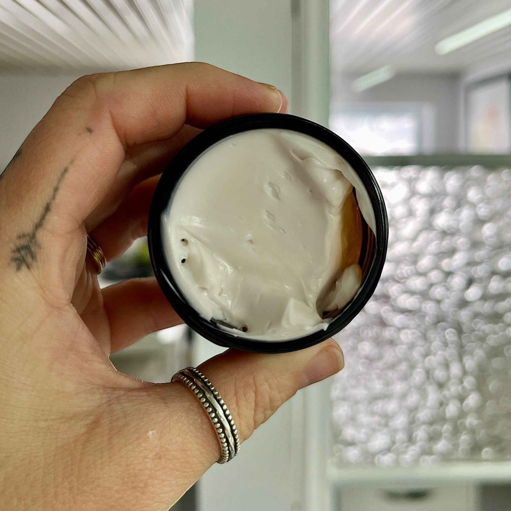 Creamy face night cream with bakuchiol and cranberry from La Sultana Savonnerie, natural skincare product in a jar.