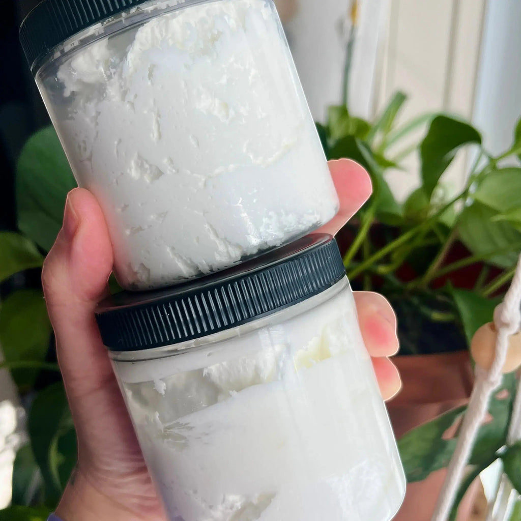 Fairouz melon and rhubarb whipped soap from La Sultana Savonnerie, natural handmade body care product in a elegant container.