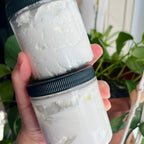 Fairouz melon and rhubarb whipped soap from La Sultana Savonnerie, natural handmade body care product in a elegant container.