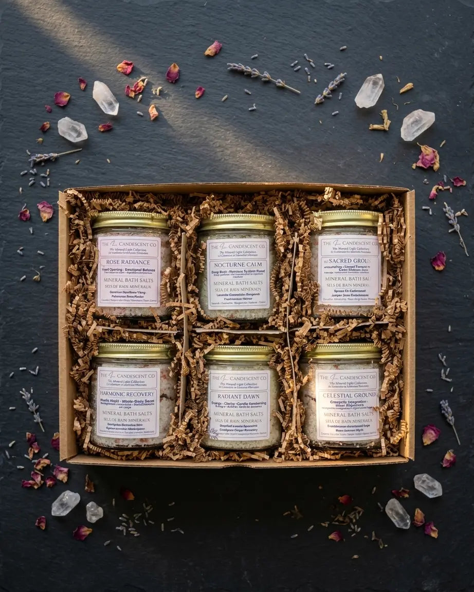 The InnerCandescent Co mineral bath soak gift set with four luxurious mineral bath products in elegant packaging.