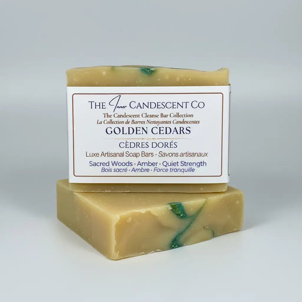 Golden Cedar handmade soap bar by The InnerCandescent Co featuring warm cedar scent and natural golden-colored soap bar.