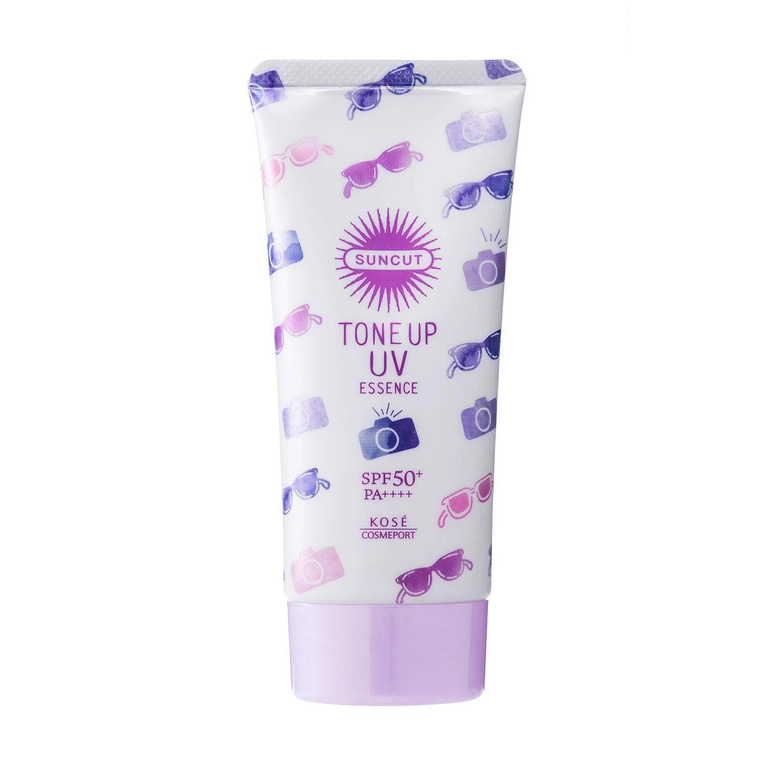 Kose Suncut Tone Up UV Essence Sunscreen SPF50+ PA++++ in purple, 80g, hydrating suncare product with brightening tone-up effects.