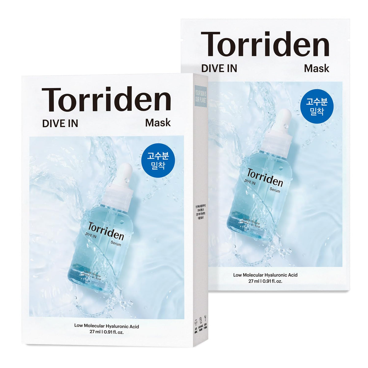 HYAKU Beauty & Living TORRIDEN Dive In Low Molecule Hyaluronic Acid Mask pack with 10 masks, showing individually wrapped masks in the image.