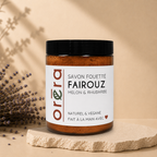 Faioz melon and rhubarb whipped soap for body care by La Sultana Savonnerie, natural handmade skincare product.