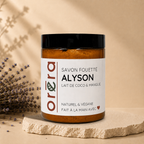 Handmade Alyson coconut and mango whipped soap from La Sultana Savonnerie, featuring a creamy texture and tropical scent.