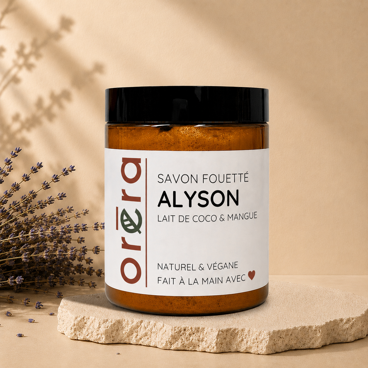 Handmade Alyson coconut and mango whipped soap from La Sultana Savonnerie, featuring a creamy texture and tropical scent.