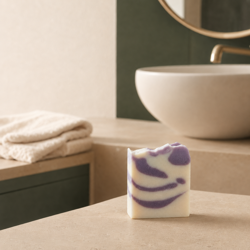 Natural clay soap by La Sultana with avocado oil and lilac, featuring a handcrafted design and fresh botanical appearance.