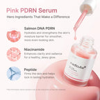 Medicube PDRN Pink Peptide Serum bottle with rose-colored liquid, highlighting its glow, elasticity, and barrier repair benefits.