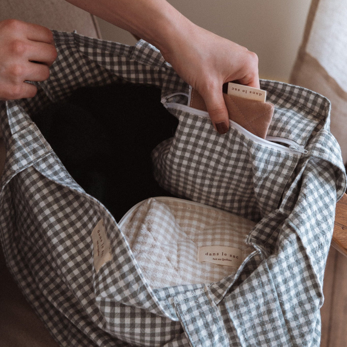 Spacious interior of Dans Le Sac organic cotton reusable tote bag from the Vichy Collection, showing its roomy design and fabric texture.