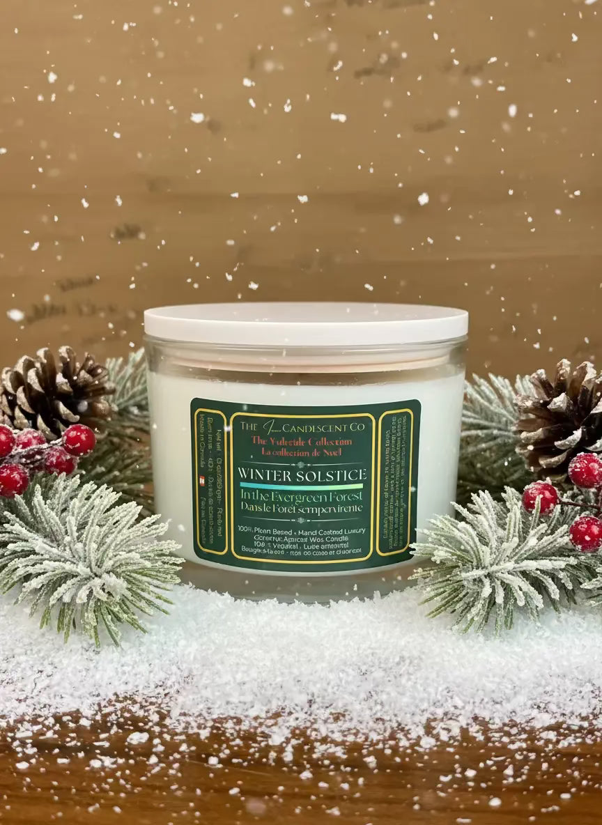 Large Winter Solstice candle by The InnerCandescent Co featuring winter woods, coconut, and apricot wax, with a cozy floral design.