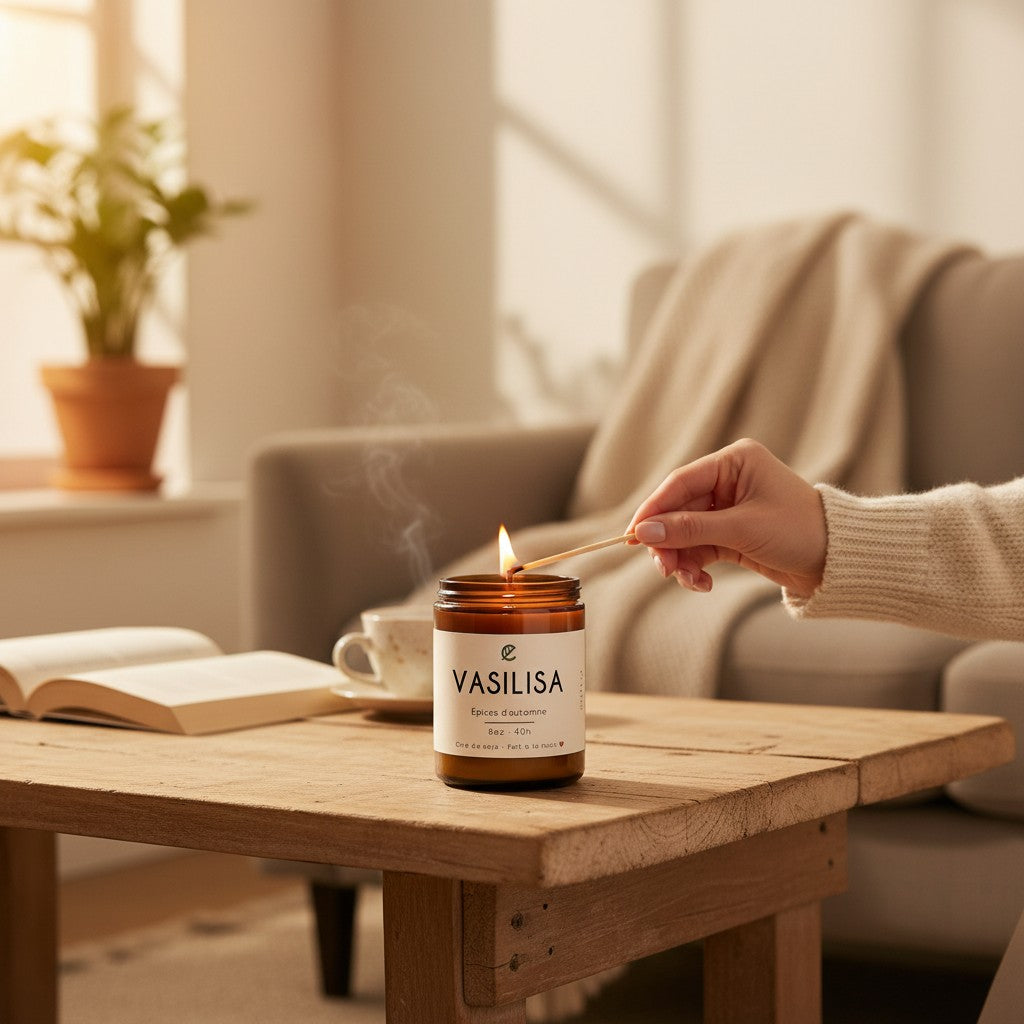 Soy wax candle with autumn spices by La Sultana Savonnerie, featuring warm, inviting fall fragrance and natural handcrafted design.