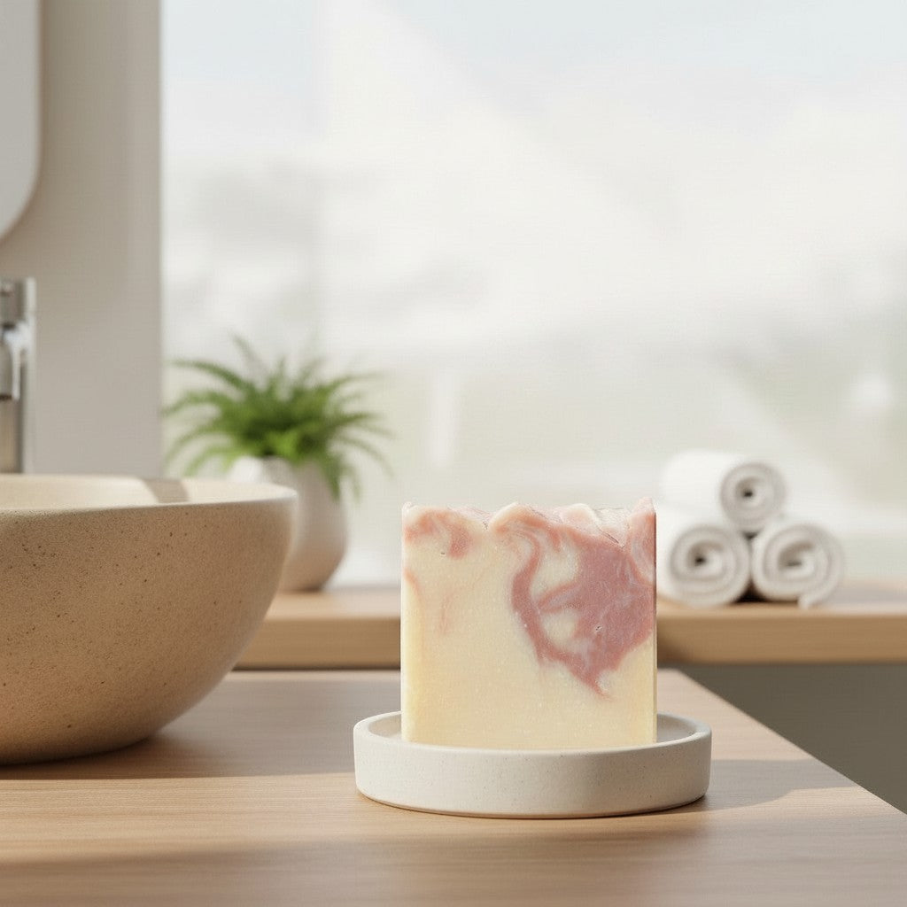 Red clay and ginger grapefruit soap by La Sultana Savonnerie, handmade natural soap with vibrant orange and pink hues.