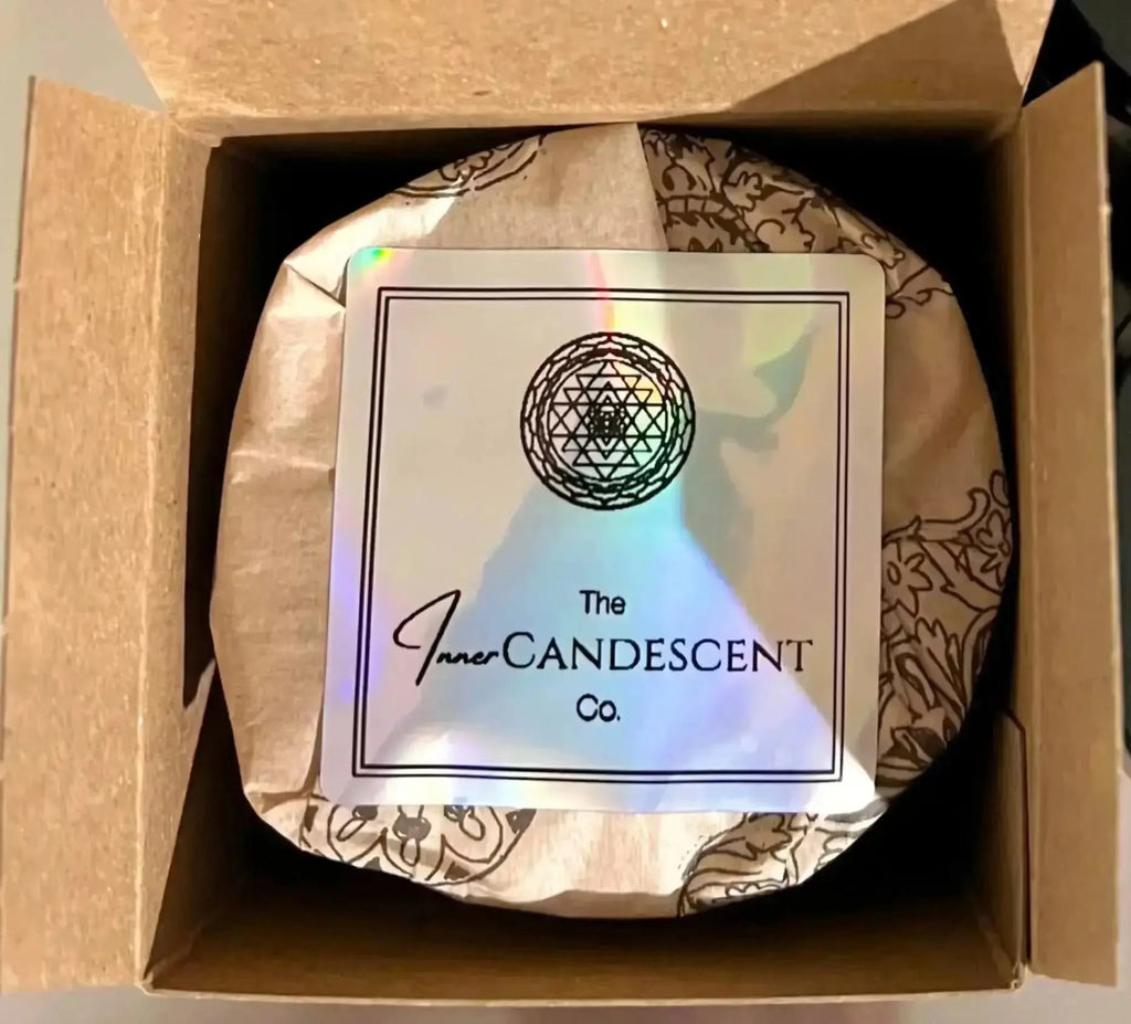 Open box of AQUA SOLACE water element candle by The InnerCandescent Co featuring fresh aquatic, coconut, and apricot wax details.