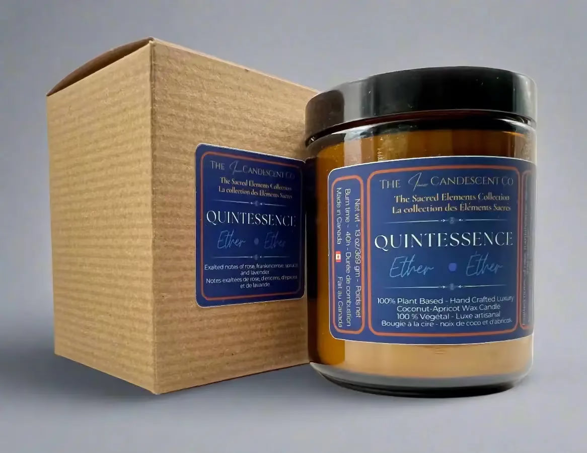 Elegant candle from The InnerCandescent Co, Quintessence Ether Element with luminous coconut and apricot wax, showcasing its luxurious design