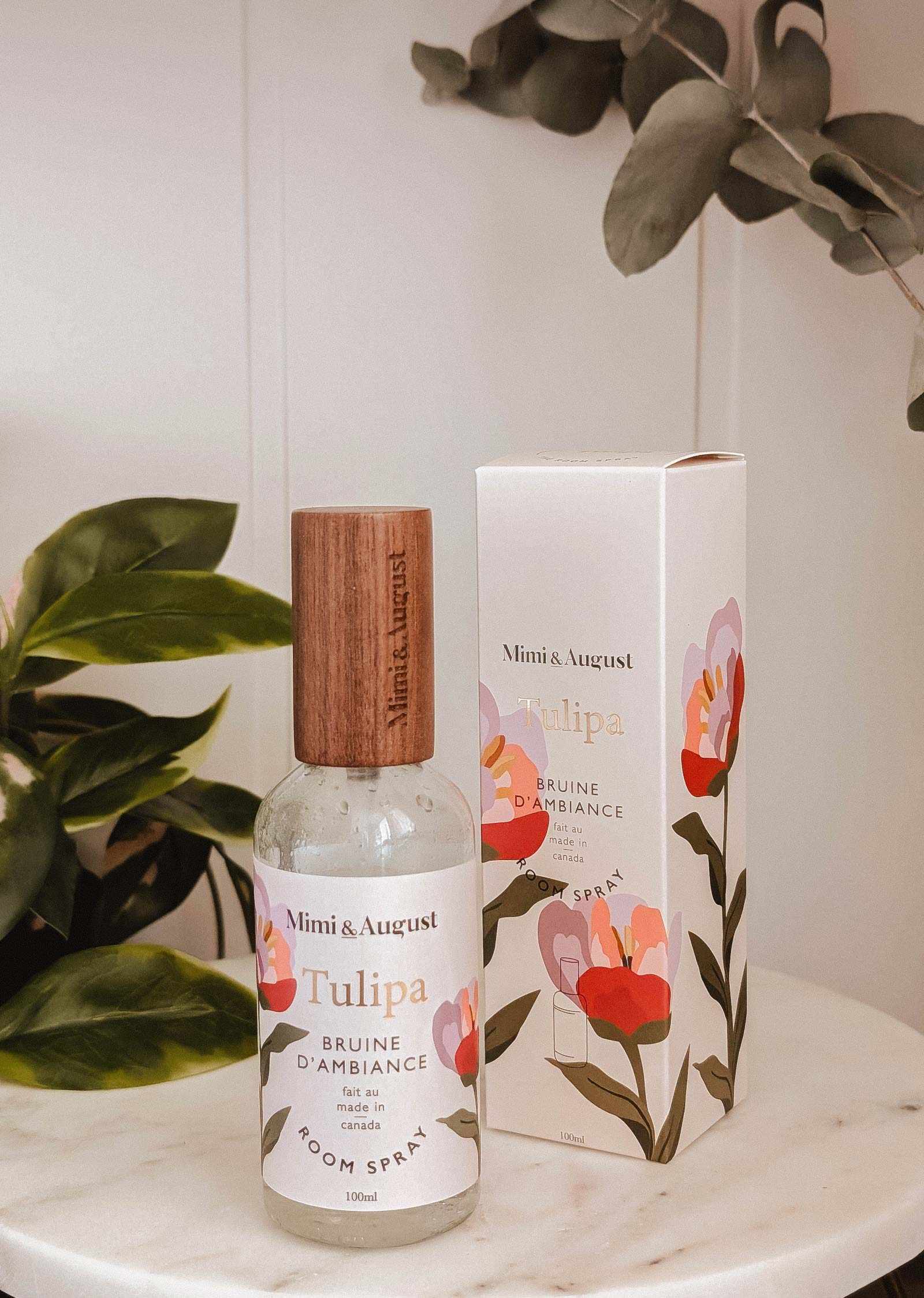 Mimi & August Tulipa brown ambiance room spray 100ml bottle with floral design and elegant packaging.