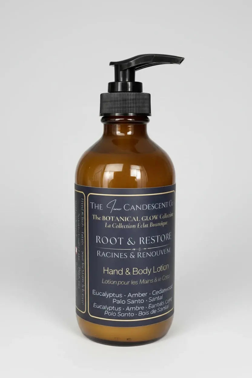 The InnerCandescent Co Root & Restore grounding botanical hand and body lotion bottle with natural ingredients and minimalist packaging