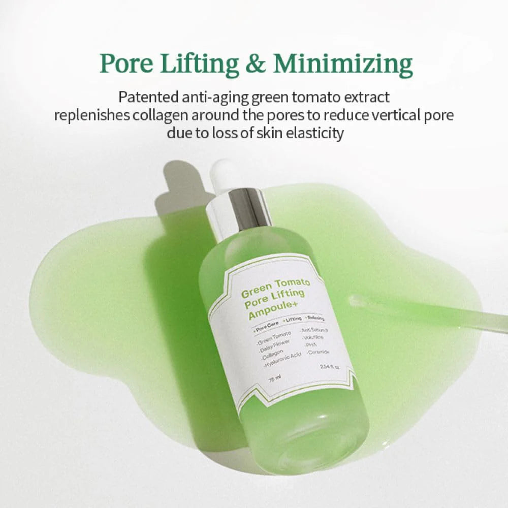 HYAKU Beauty & Living Sungboon Editor Green Tomato Pore Lifting Ampoule serum in a 75ml bottle, with a green and white packaging design.