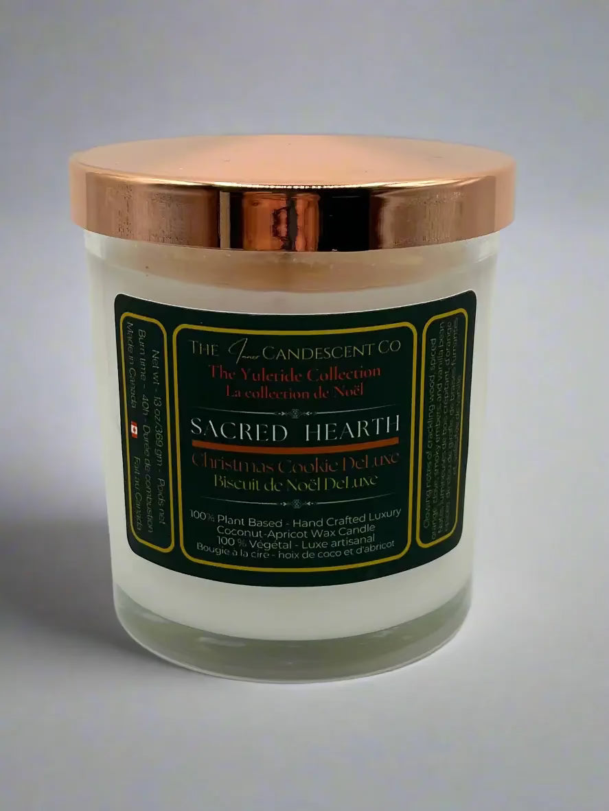 Sacred Hearth luxury coconut apricot wax candle by The InnerCandescent Co with warm spiced Christmas scent and cozy design