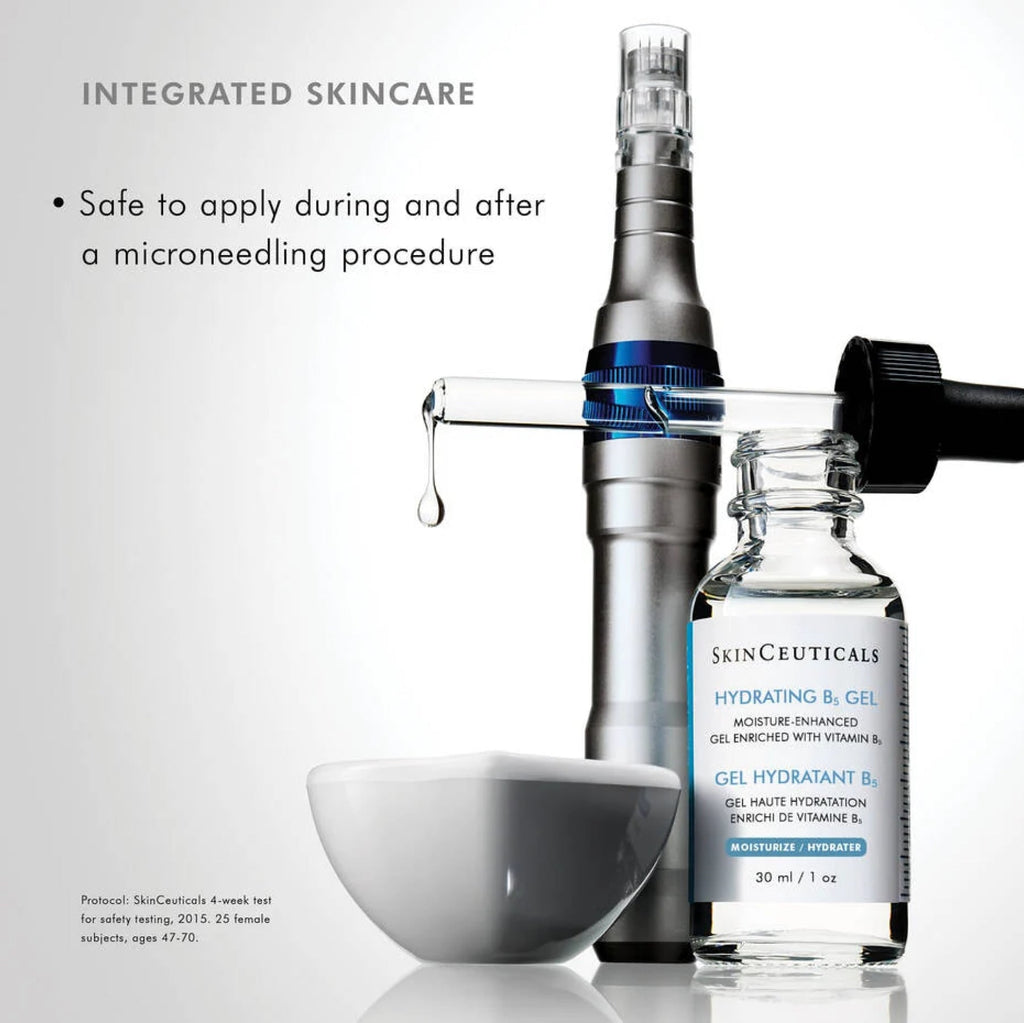 Application of SkinCeuticals Hydrating B5 Gel on clean skin, showing its lightweight, transparent serum texture for hydration.