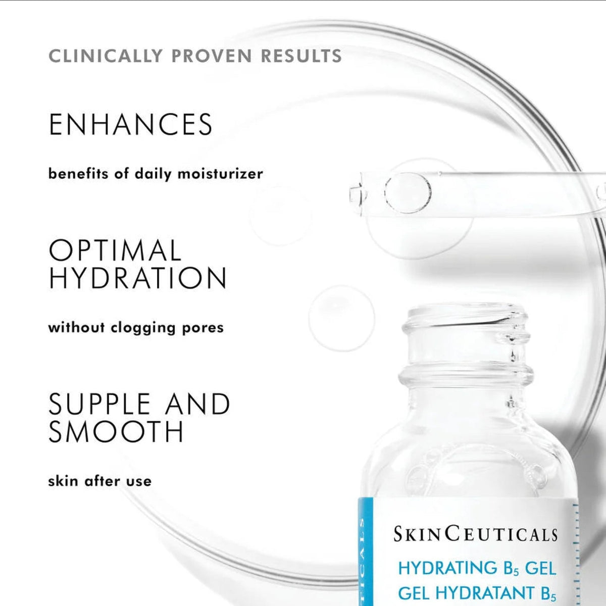 SkinCeuticals Hydrating B5 Gel serum showing smooth, hydrated skin with a clear gel texture on a clean background.
