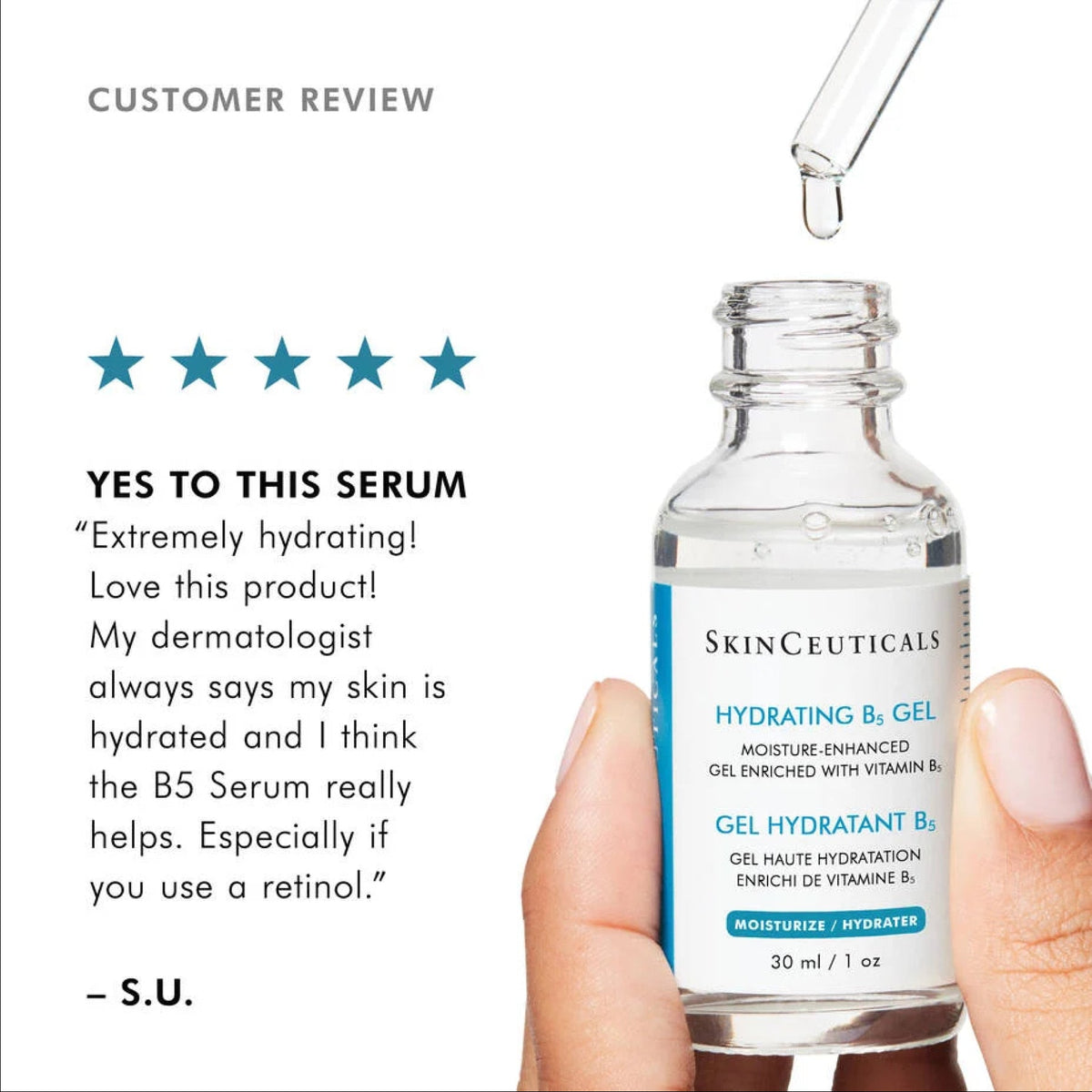 SkinCeuticals Hydrating B5 Gel serum in a clear pump bottle, showing its smooth gel texture and packaging.